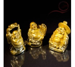 3 mini bouddhas rieurs couleur or