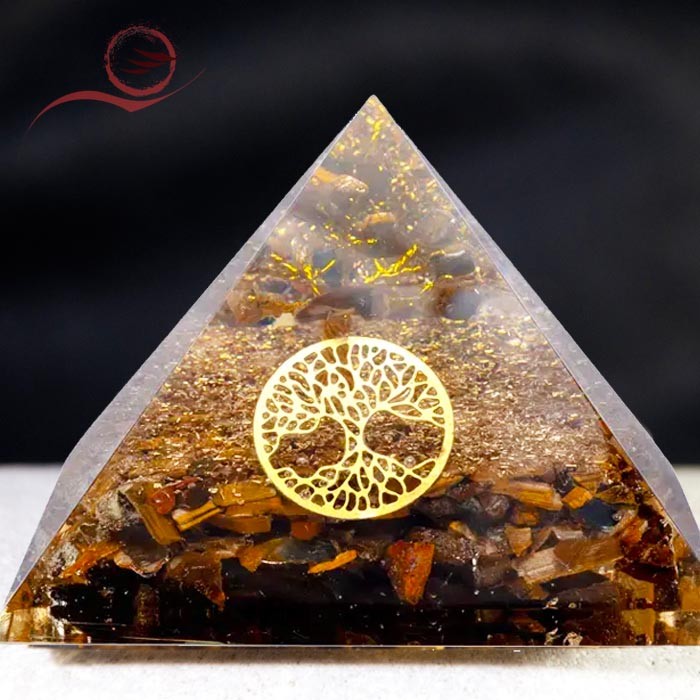 orgone pyramid with tiger eye stone and tree of life